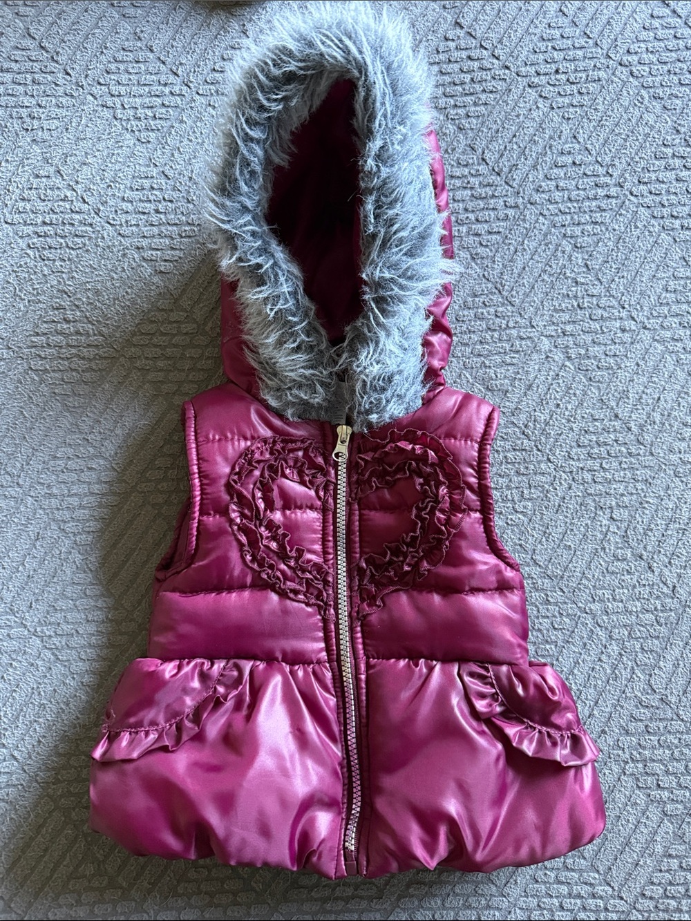 Girls' mauve Quilted Hooded Puffer Vest with Faux Fur Trim